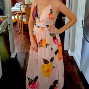 L’atiste floral peach pink maxi slit deep dress M